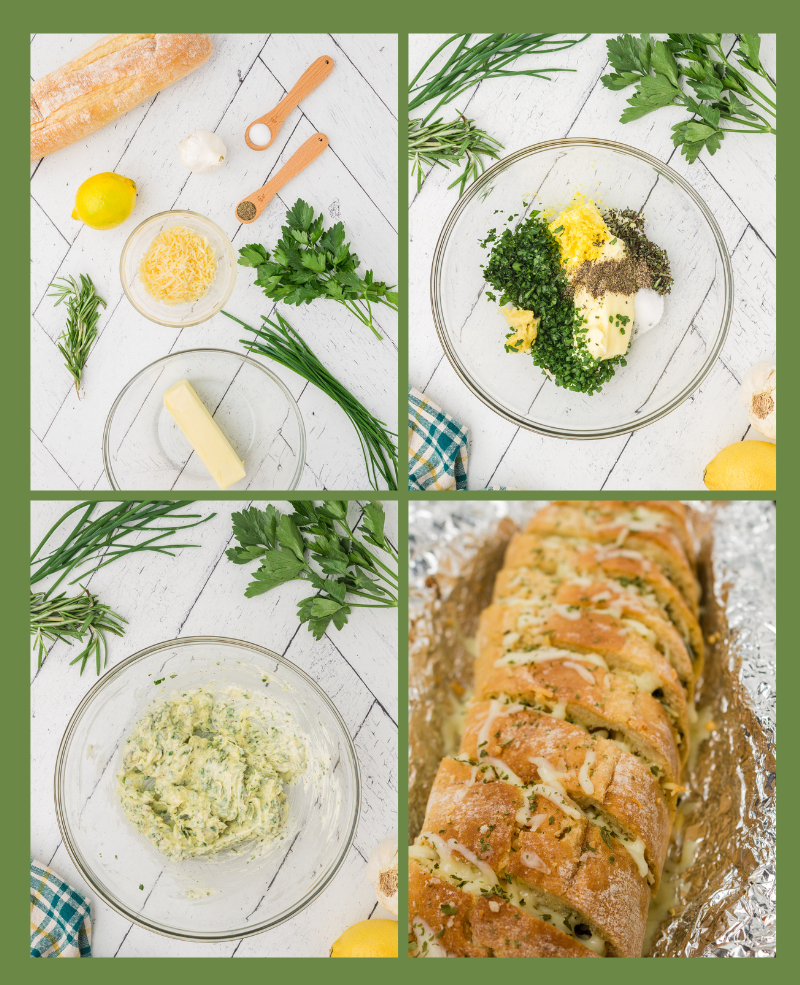 step by step shots showing how to make this cheese stuffed garlic bread