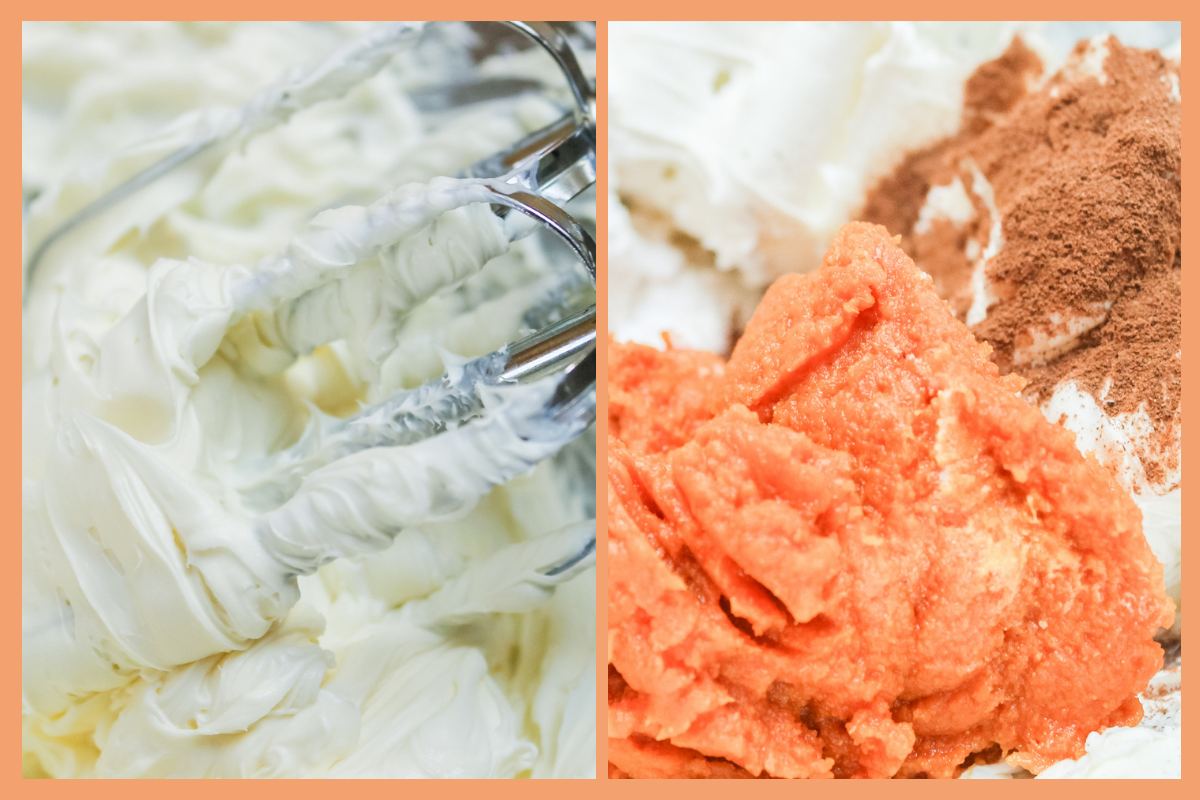 Mixing the cream cheese, pumpkin puree and spices together to make pumpkin tiramisu