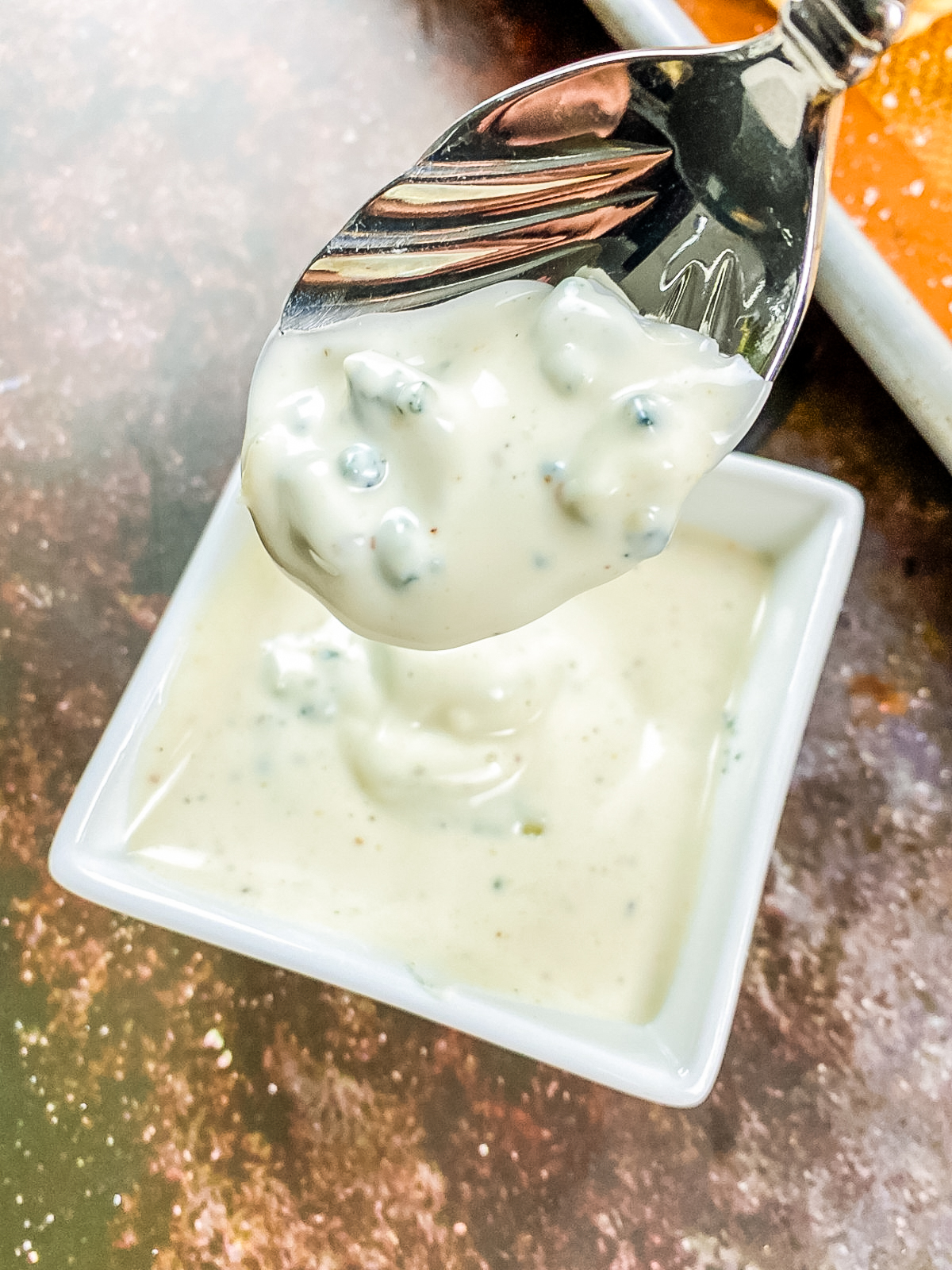 homemade blue cheese dressing in a bowl