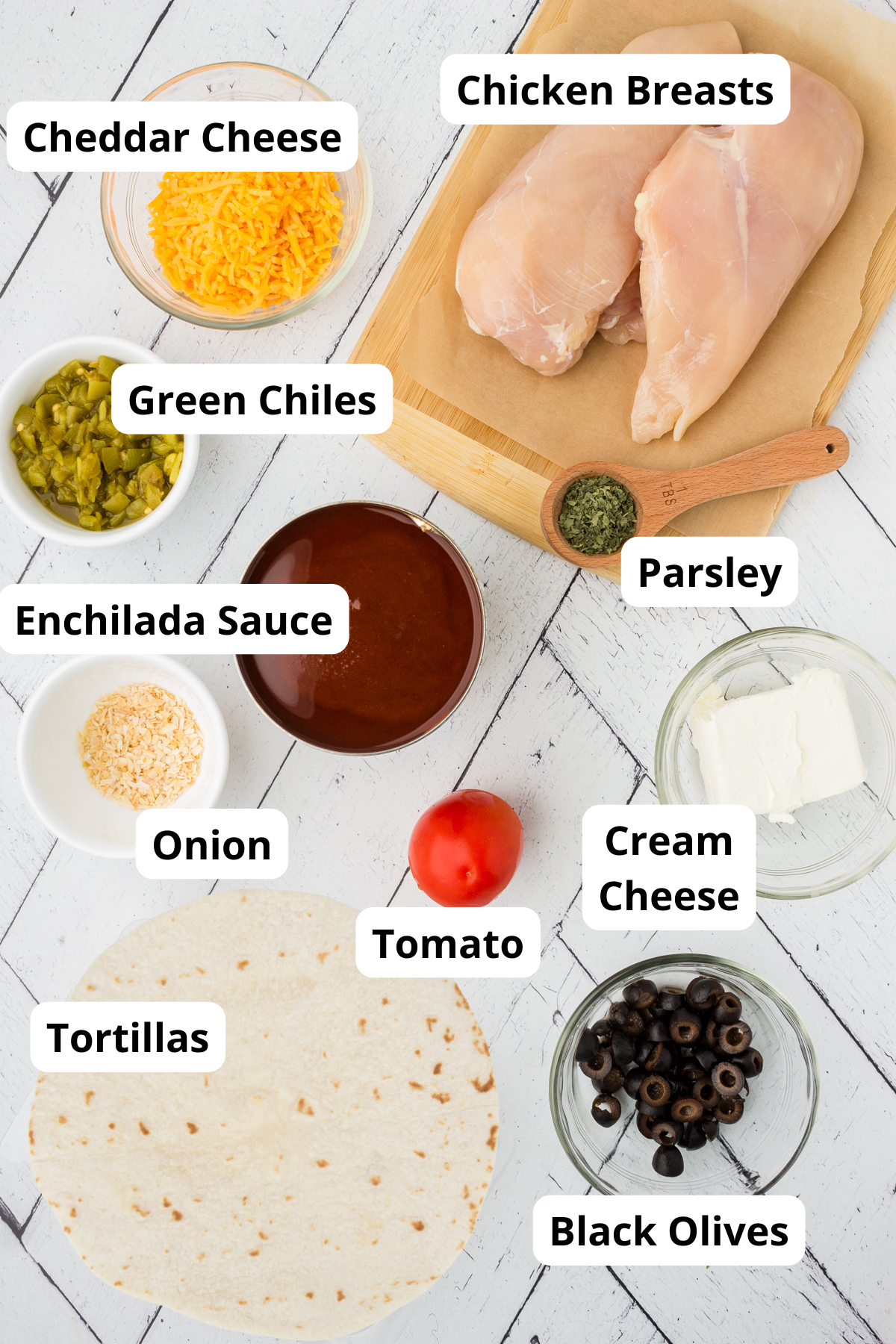 ingredients for healthy chicken enchiladas recipe on a table