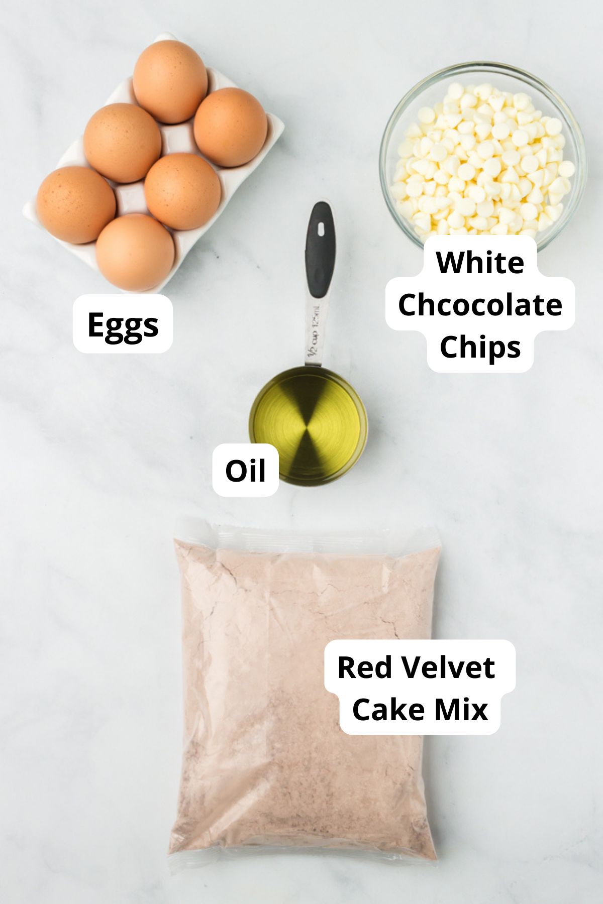 ingredients for red velvet cake mix cookies on a table