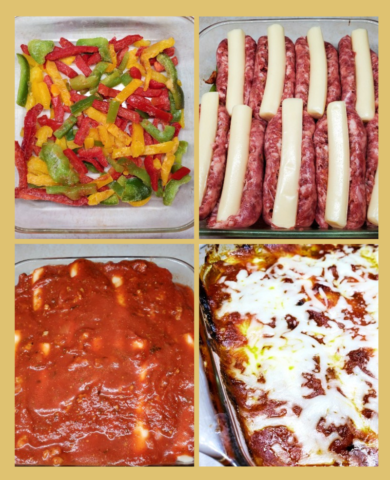 process shots showing step by step direction on making Italian stuffed sausage and peppers