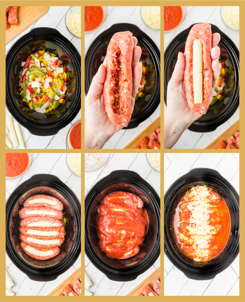 process shots showing step by step directions to make stuffed italian sauage and peppers in the crockpot