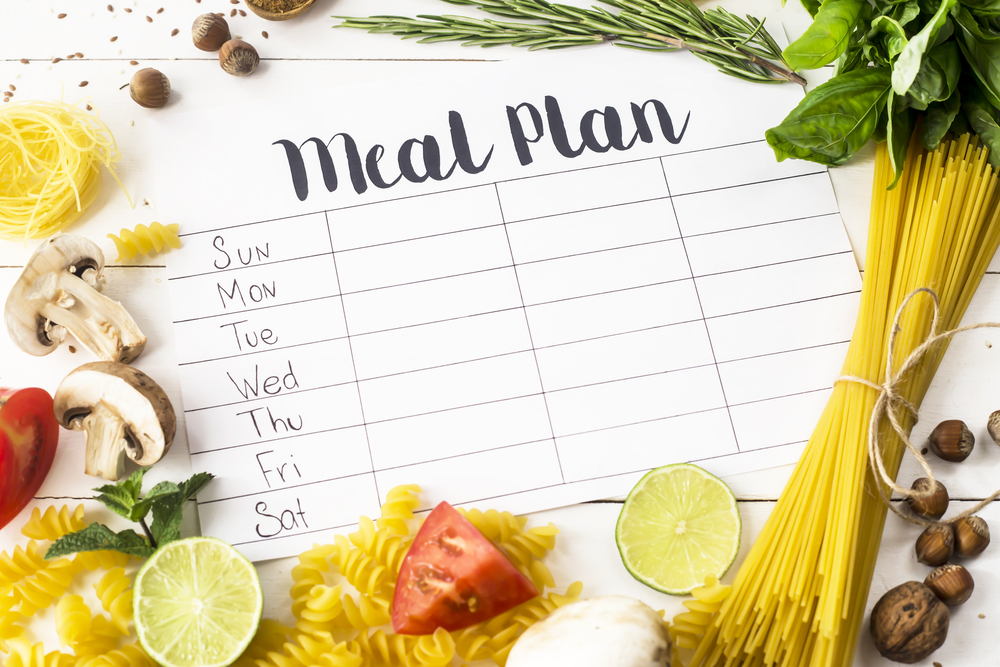 printable weekly meal planner with recipe ingredients around it.