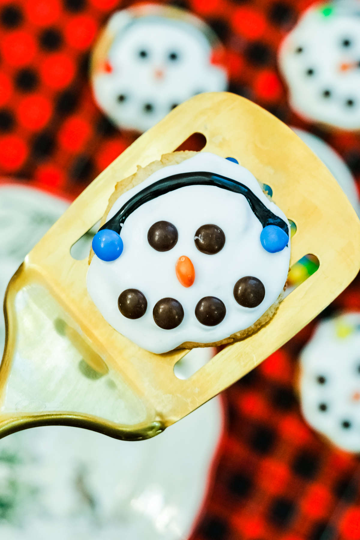 snowman cookies made from cake mix on a spatula