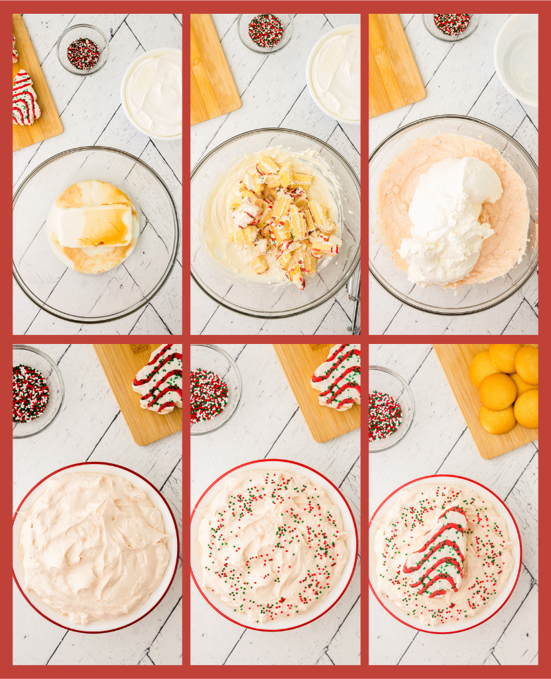 step by step process shots showing how to make this little debbie christmas tree cake dip