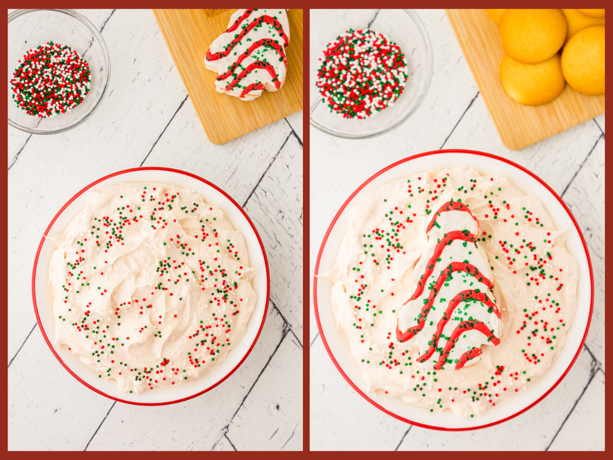 Mixing in the holiday sprinkles into the christmas tree dip.