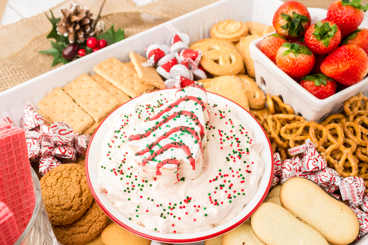 close up image of christmas tree dip on a charcuterie board