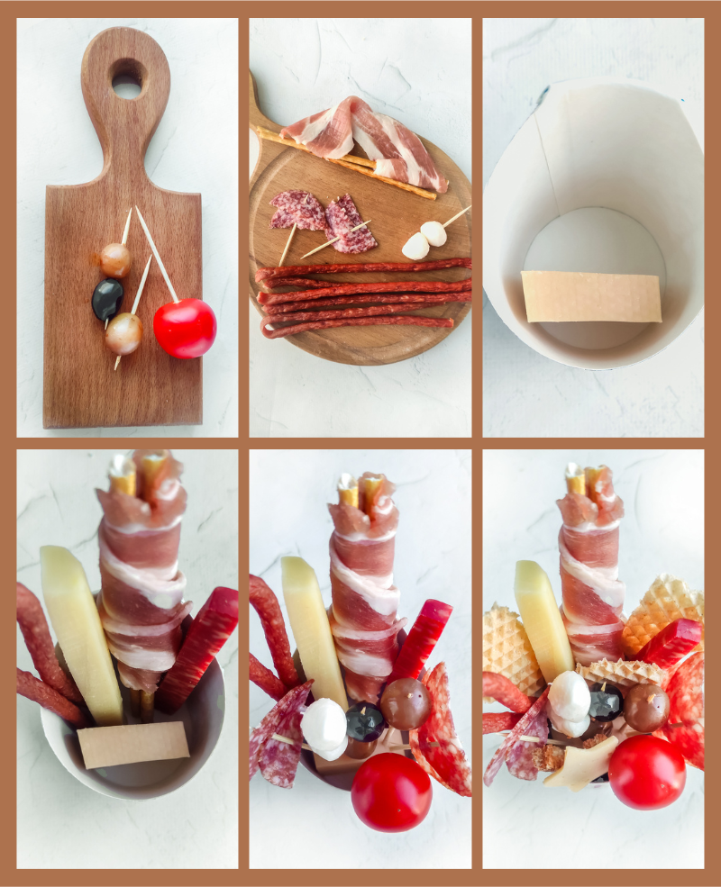 step by step process shots showing how to assemble these charcuterie cup appetizers
