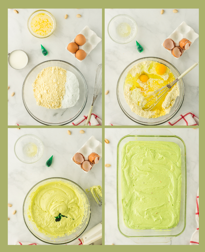 step by step process shots to make pistachio cake.
