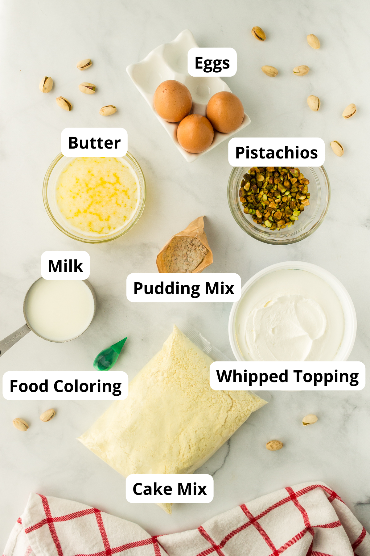 ingredients needed to make this pistachio cake. This is a boxed cake mix with pudding added to it.