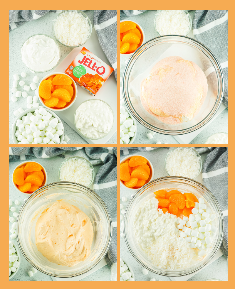 step by step process shots showing how to make this orange fluff salad