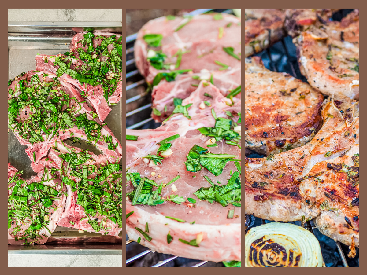 process shots showing pork chops being topped with chopped herbs and being grilled