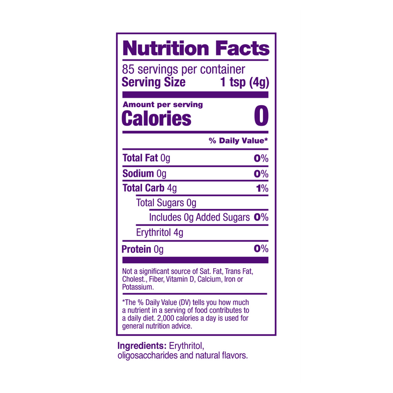 nutritional label for a sweetener made with sugar alcohols