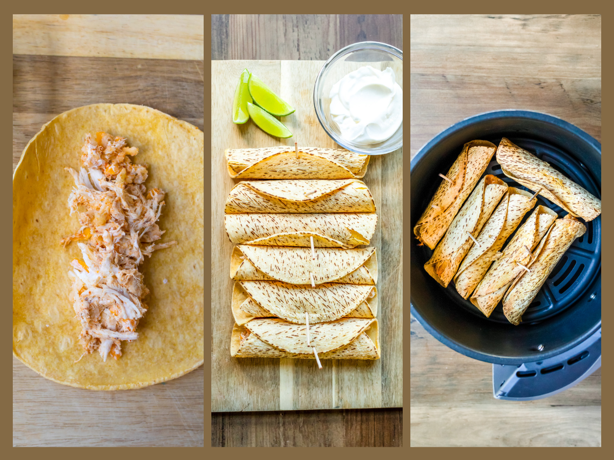 step by step photos showing filling and rolling the taquitos and cooking in the air fryer
