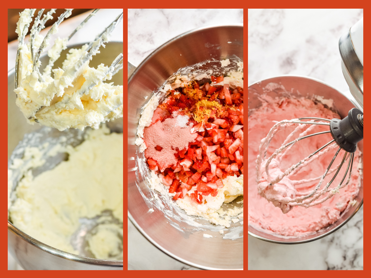 step by step process shots showing how to make this strawberry fluff recipe