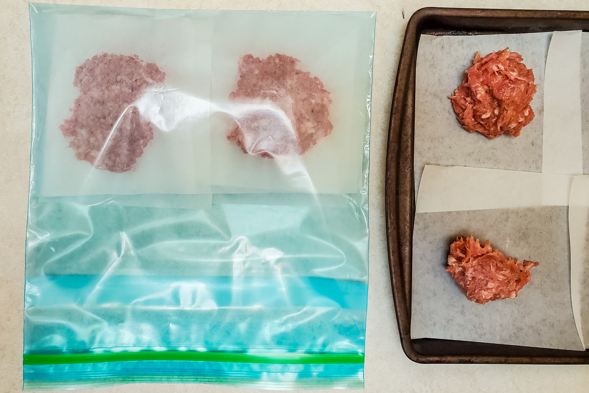 frozen breakfast sausage stacked in a freezer bag