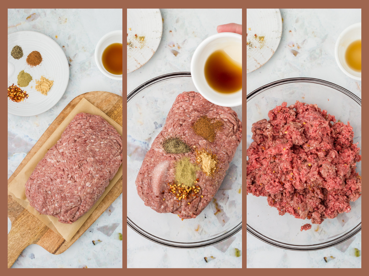 process shots showing the seasonings being mixed into ground sausage