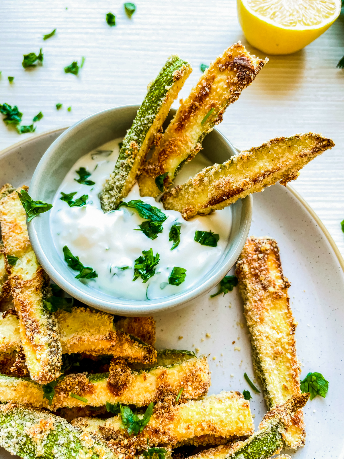zucchini fries dipped in our favorite dipping sauce