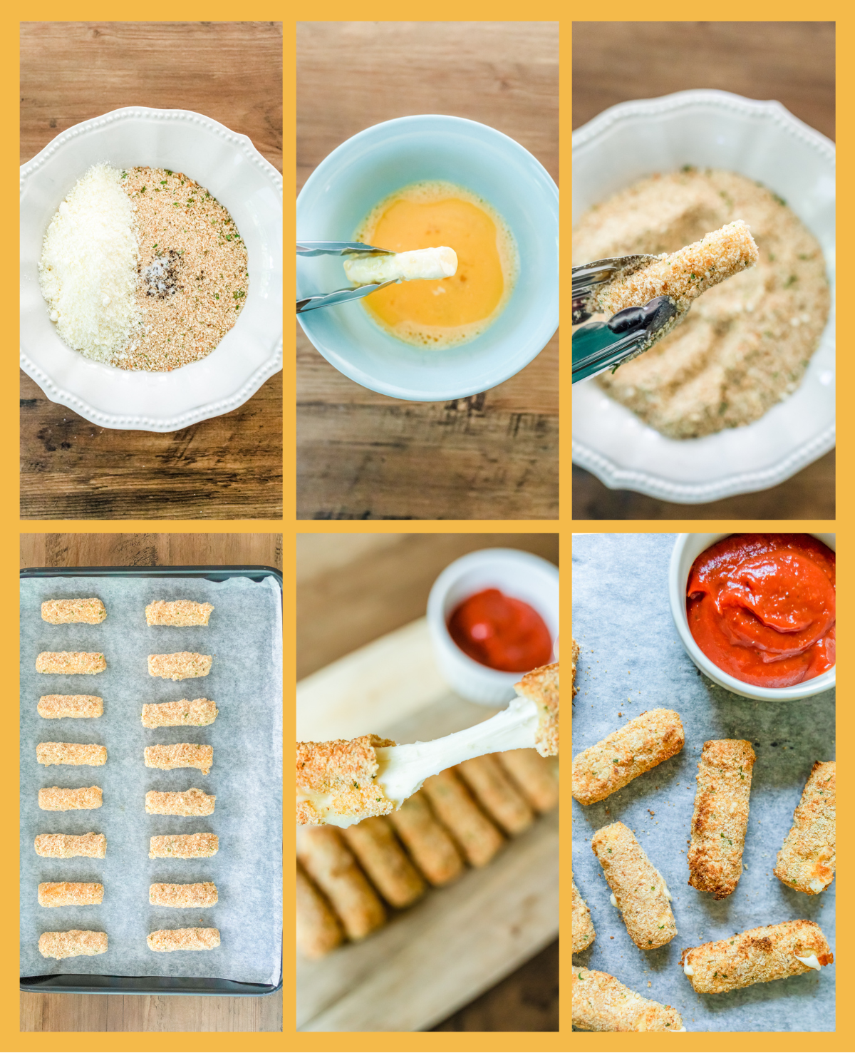 step by step process shots showing how to make air fryer mozzarella sticks using cheese sticks