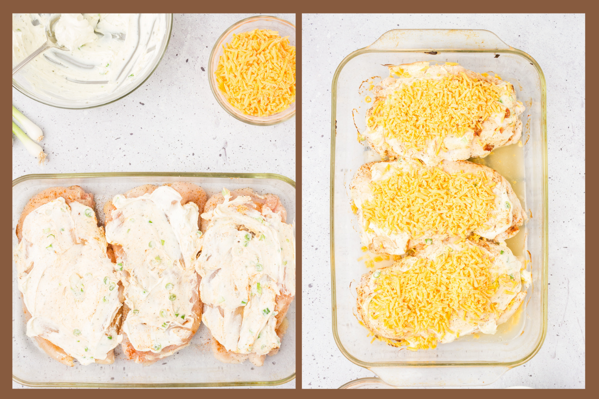 topping chicken with cream cheese mixture and shredded cheese to make baked crack chicken
