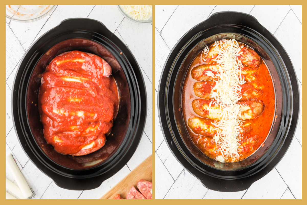 Stuffed Italian Sausage covered in marina sauce in the slow cooker