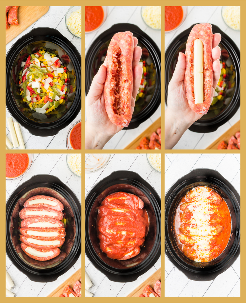 process shots showing step by step directions to make stuffed italian sausage and peppers in the crockpot