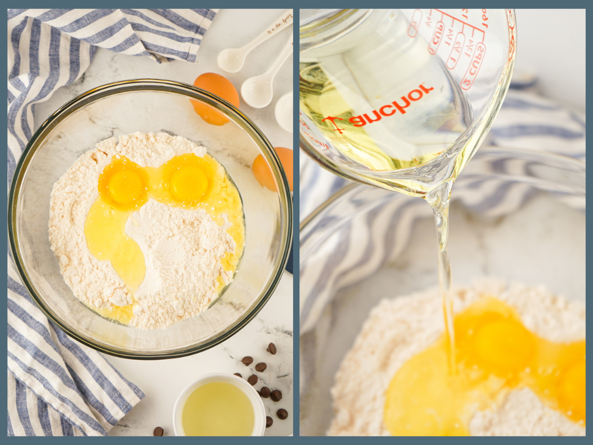 Mixing the eggs, water and vegetable oil into the boxed cake mix