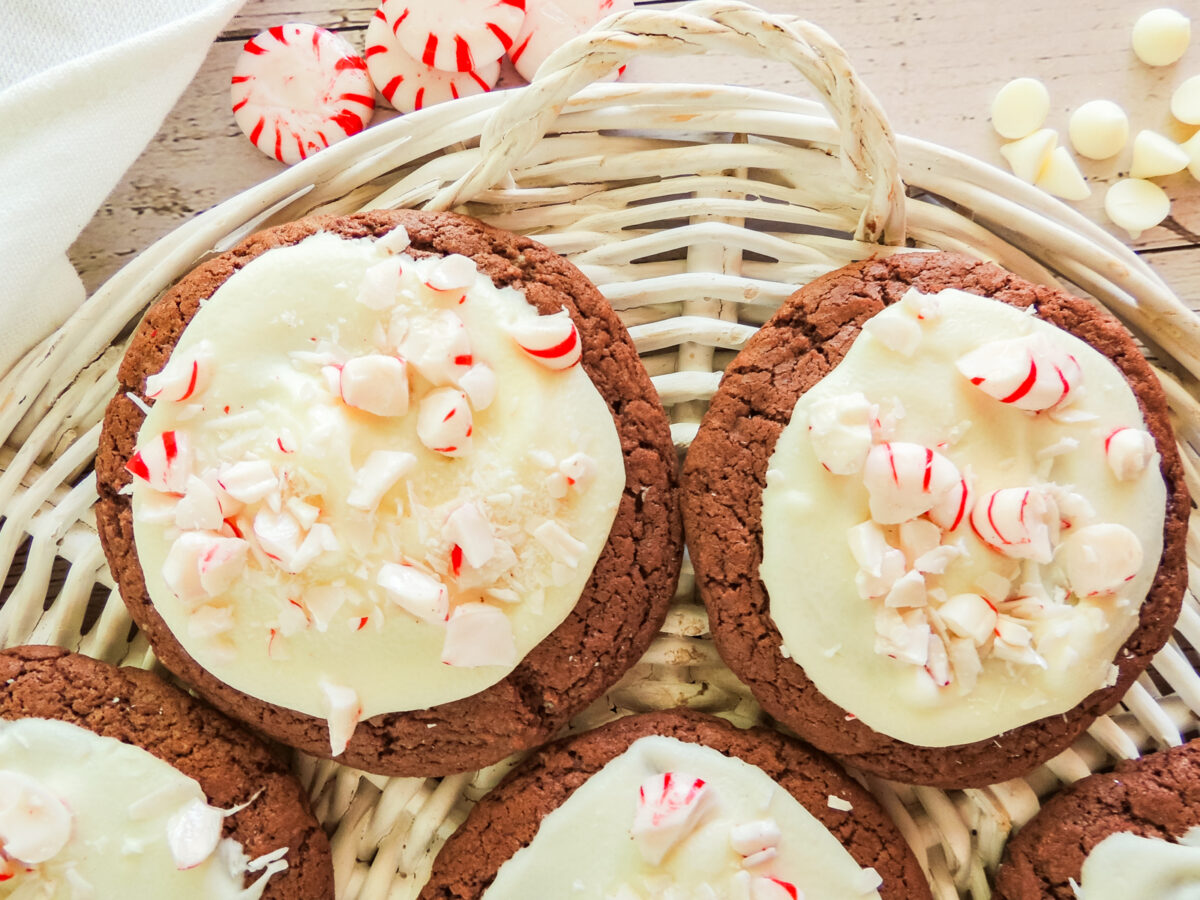 chocolate peppermint cake mix cookies on a serving platter