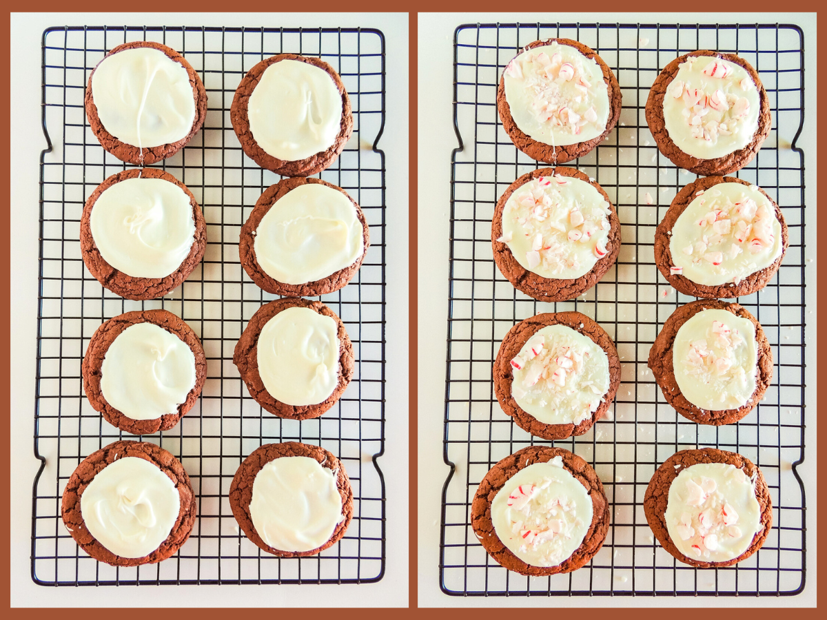 pictures of spreading the white chocolate on the cookies and sprinkling the peppermint candies on top