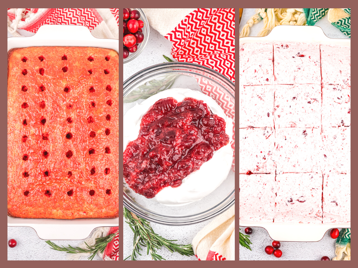 photos show the steps to make the cranberry poke cake frosting