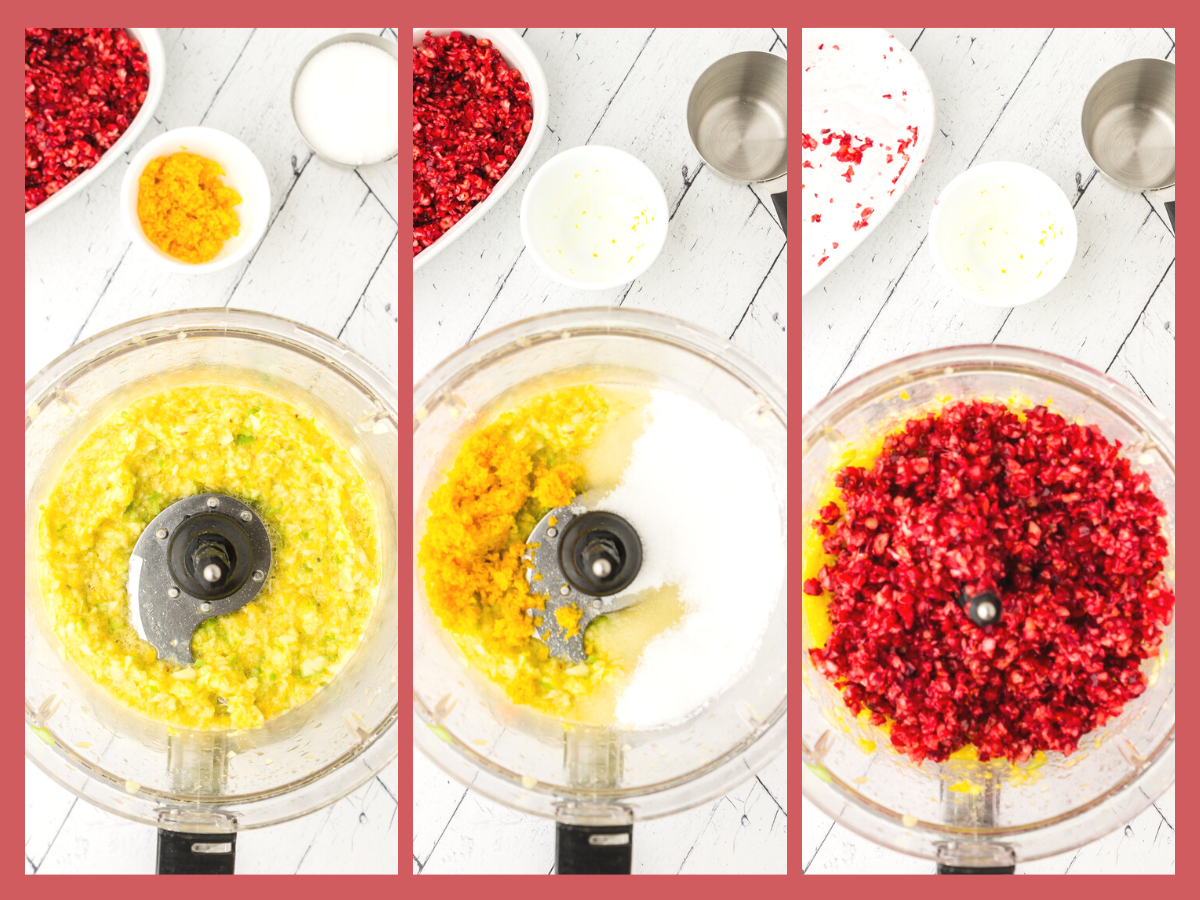 photos showing processing the orange and apple to make this cranberry relish recipe