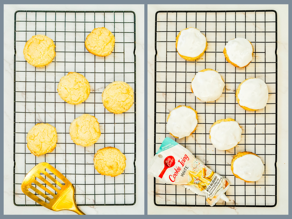 cookies cooling on a wire rack before being frosted with white icing