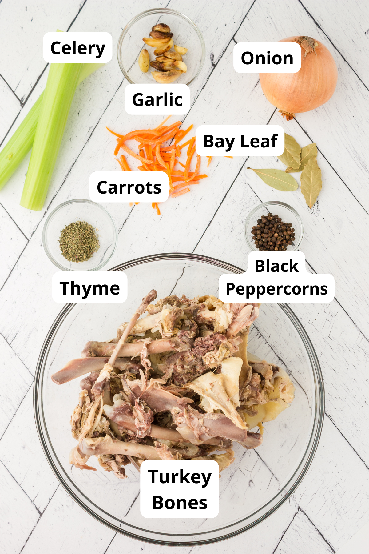 ingredients used to make homemade turkey bone broth or turkey stock 