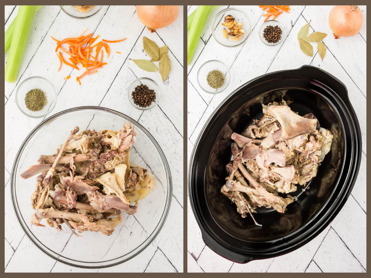 adding the ingredients in to make slow cooker turkey bone broth