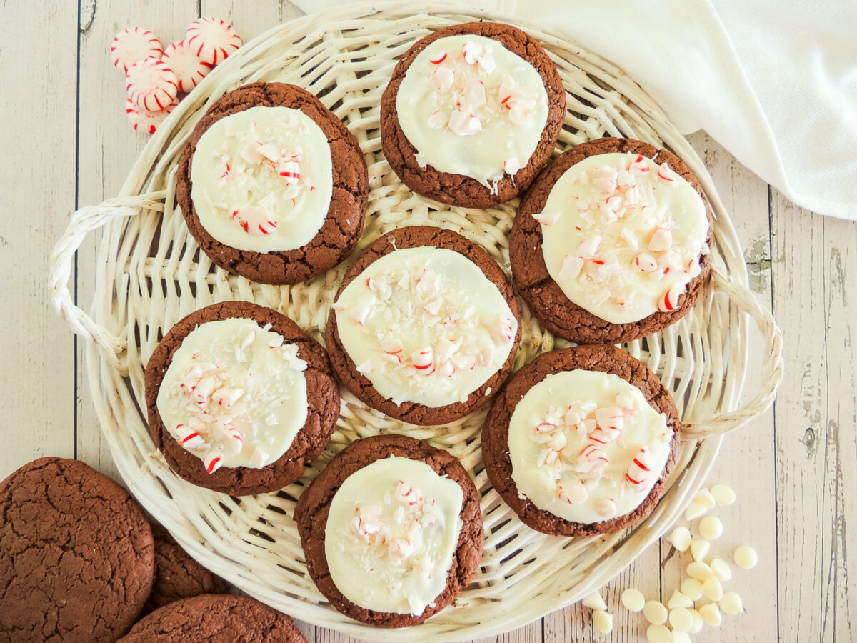 peppermint chocolate christmas cookies recipes made with cake mix on a serving platter