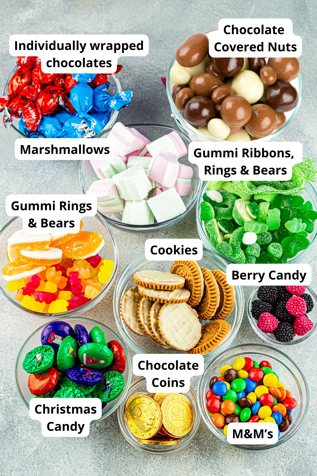 types of candy and chocolates needed to make this Christmas candy charcuterie board