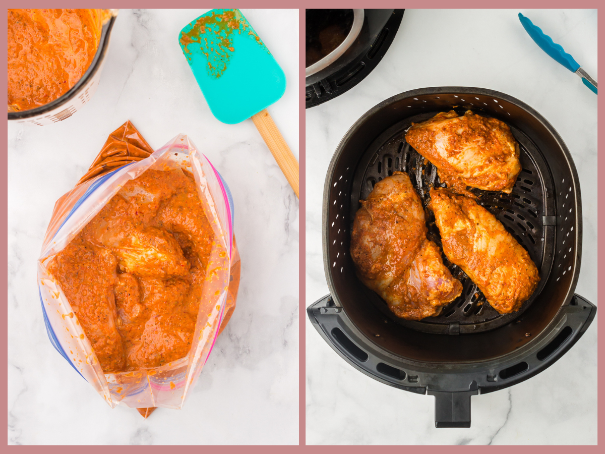 chicken coated in chipotle marinade is placed in the air fryer to be cooked