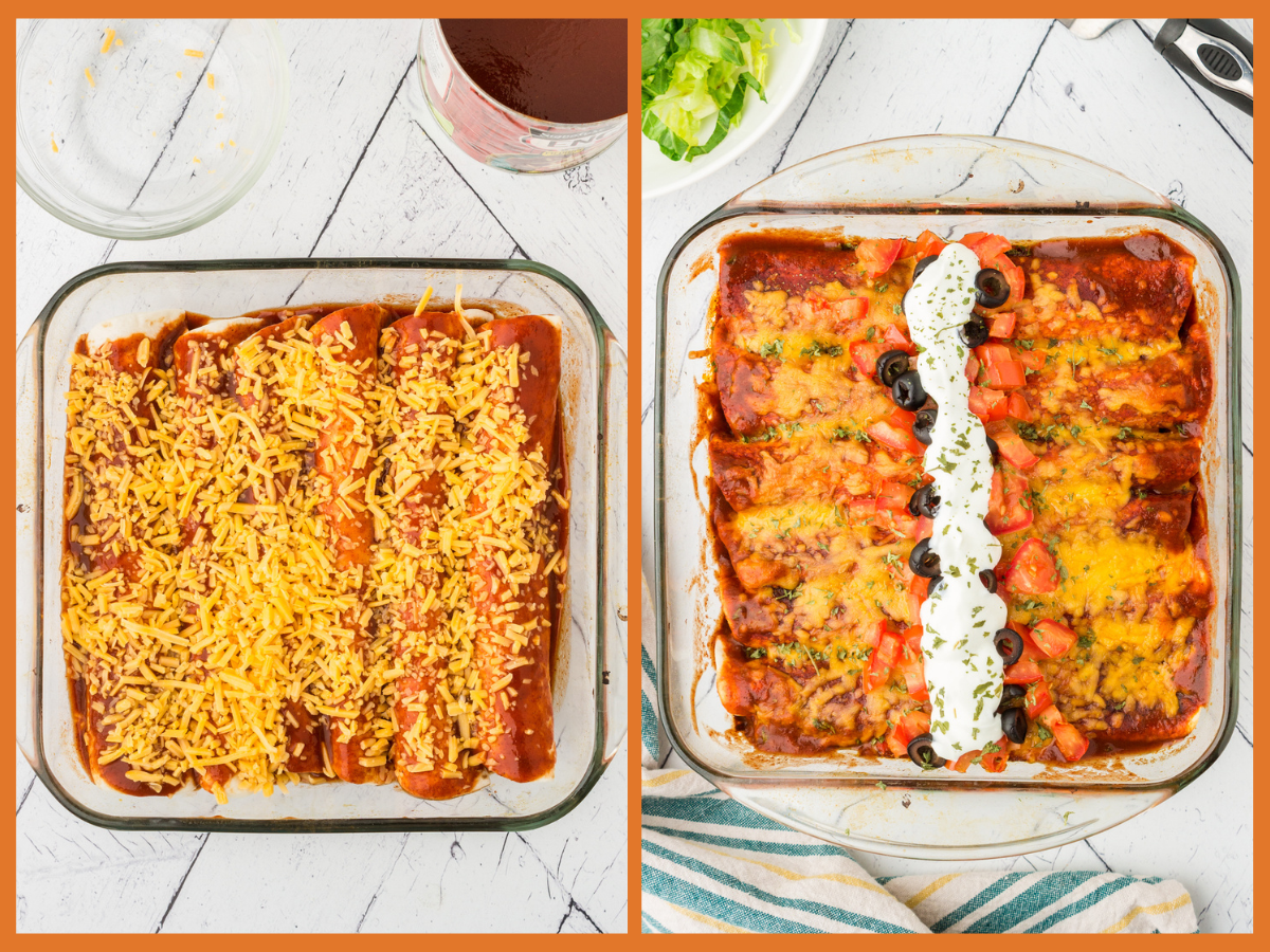 topping the chicken enchiladas with shredded cheese, diced tomatoes, olives and sour cream