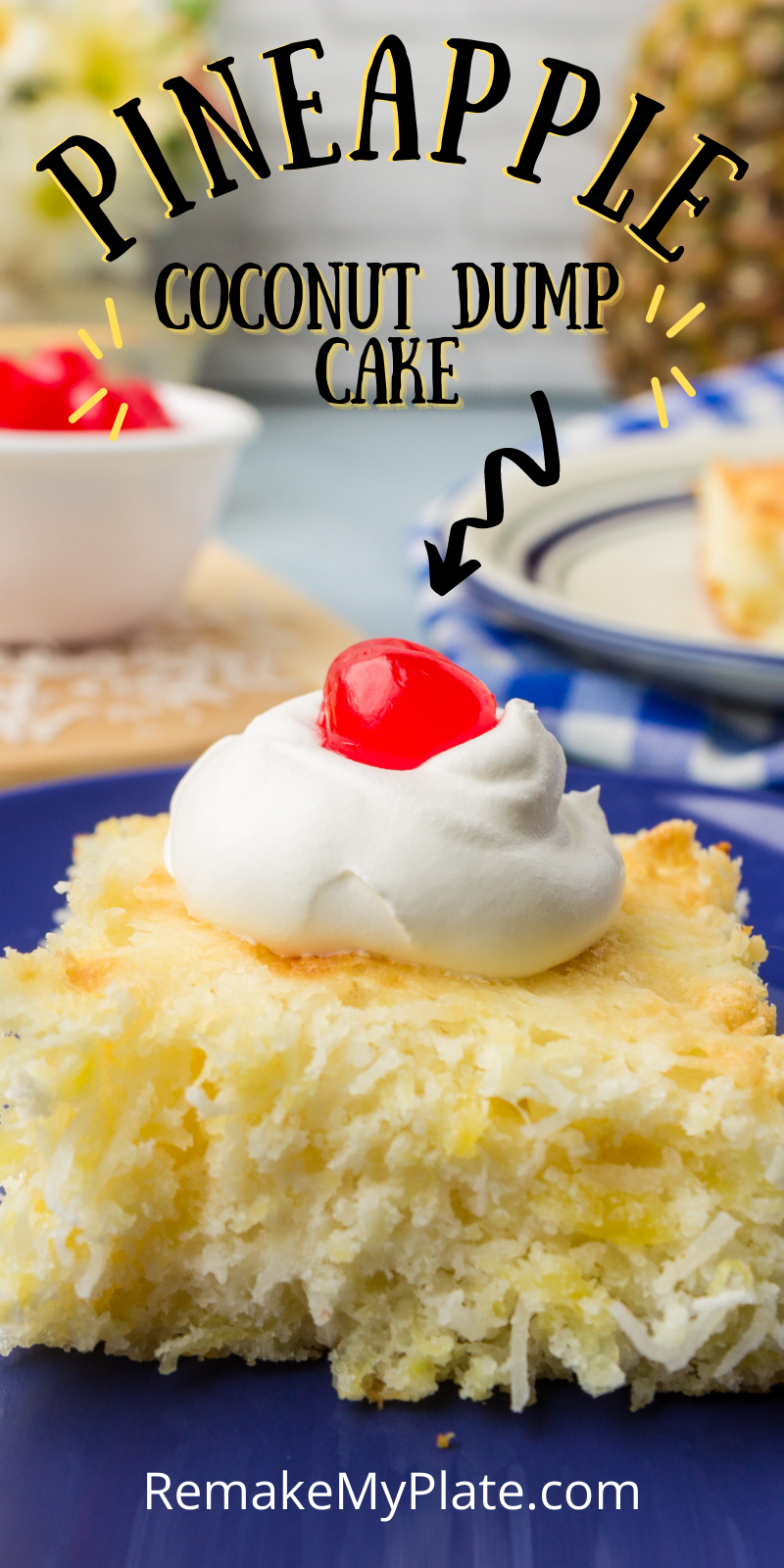 pineapple coconut dump cake (pina colada cake) on a plate