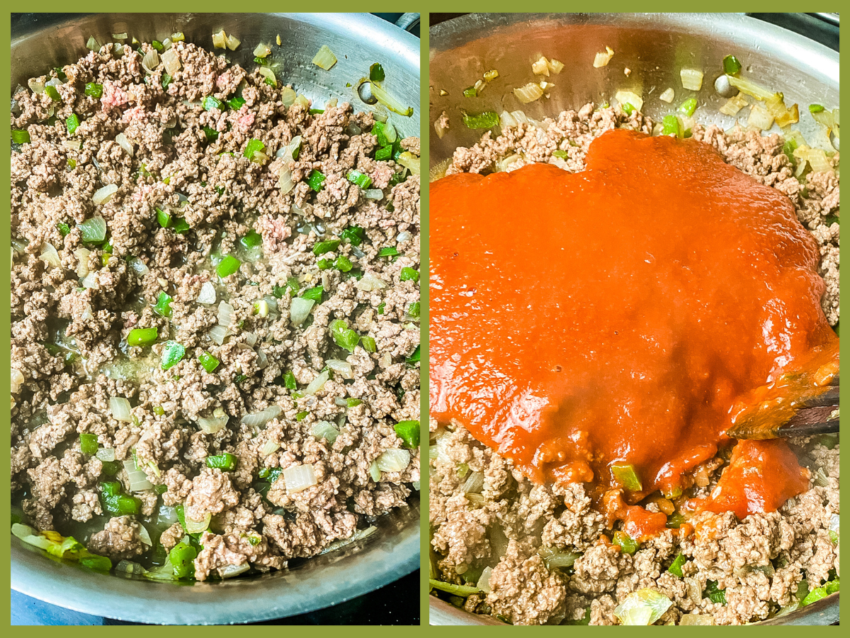 Adding the tomato sauce mixture to the browned ground beef in the skillet to make healthy sloppy joes