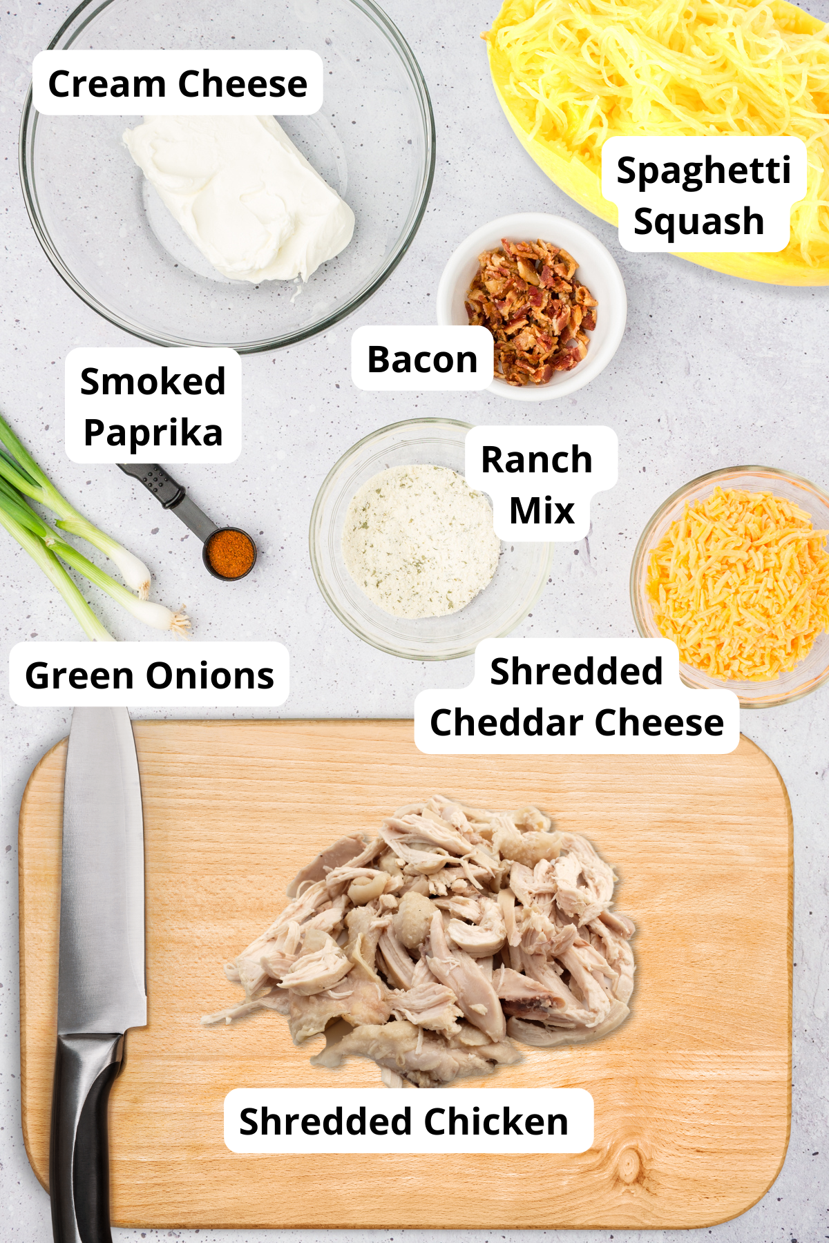ingredients to make this keto chicken ranch pasta recipe served over spaghetti squash