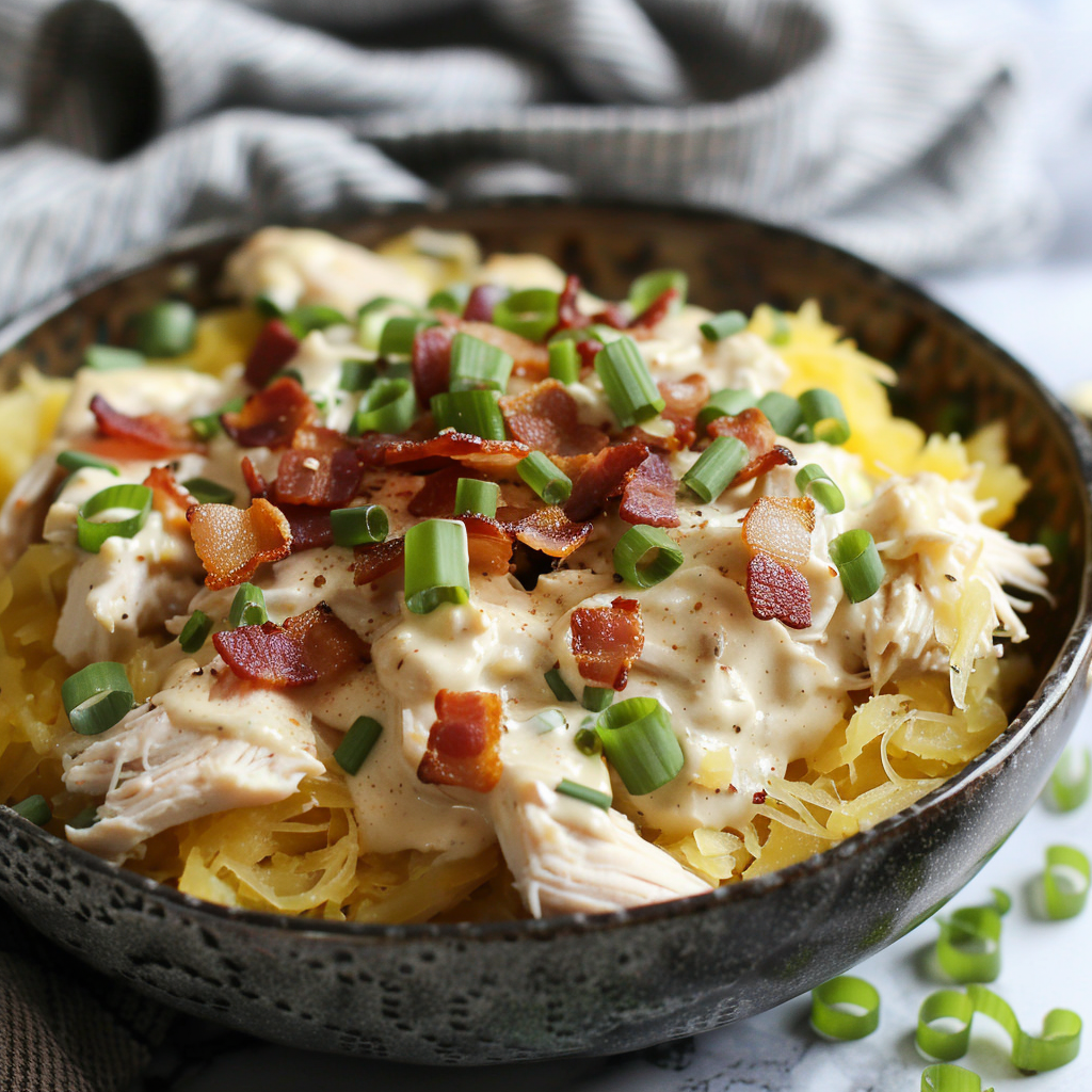 bowl of chicken ranch over low carb spaghetti pasta