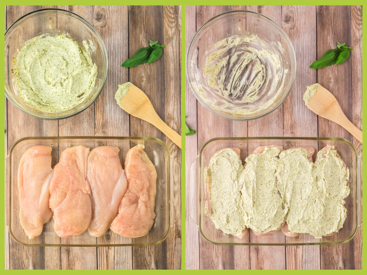 spreading the pesto cream cheese mixture on top of the chicken breasts