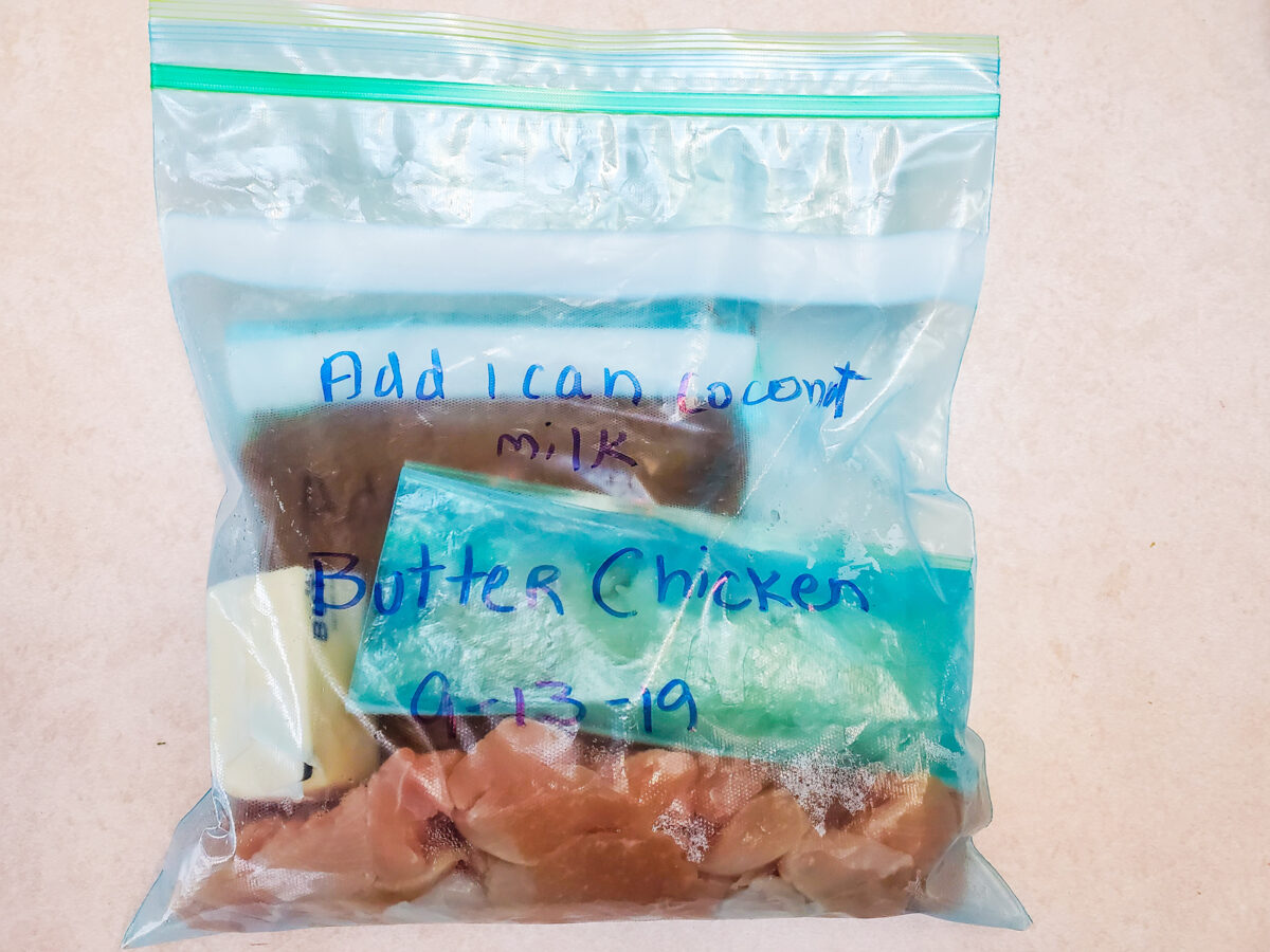 Adding all the ingredient bags into a freezer bag to make this easy recipe