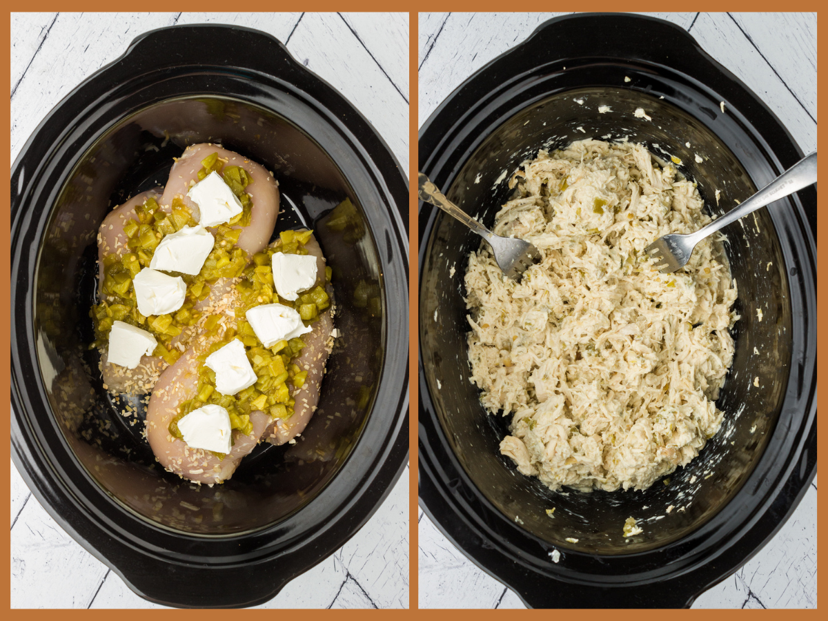 topping the chicken breasts in the crockpot with diced chiles, dried onion and cubes of cream cheese.