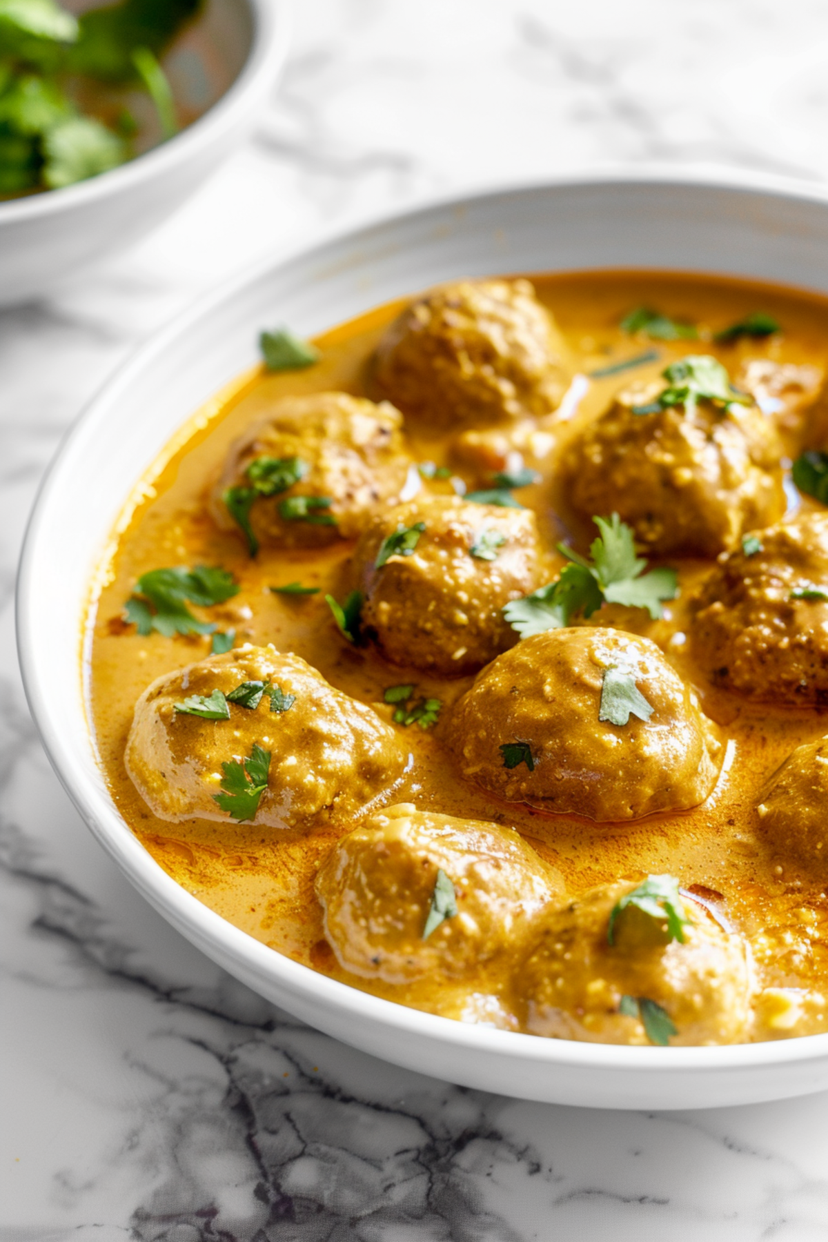 Curry chicken meatballs recipe in a bowl topped with a coconut curry sauce 