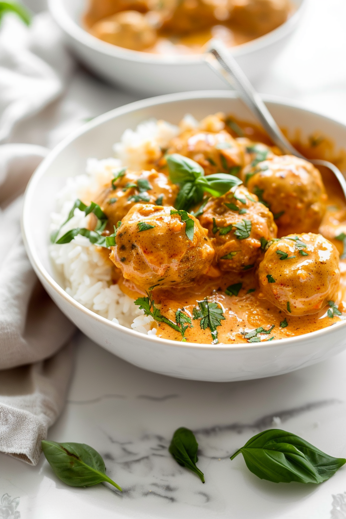 a bowl full of curry chicken meatballs with sauce served over rice