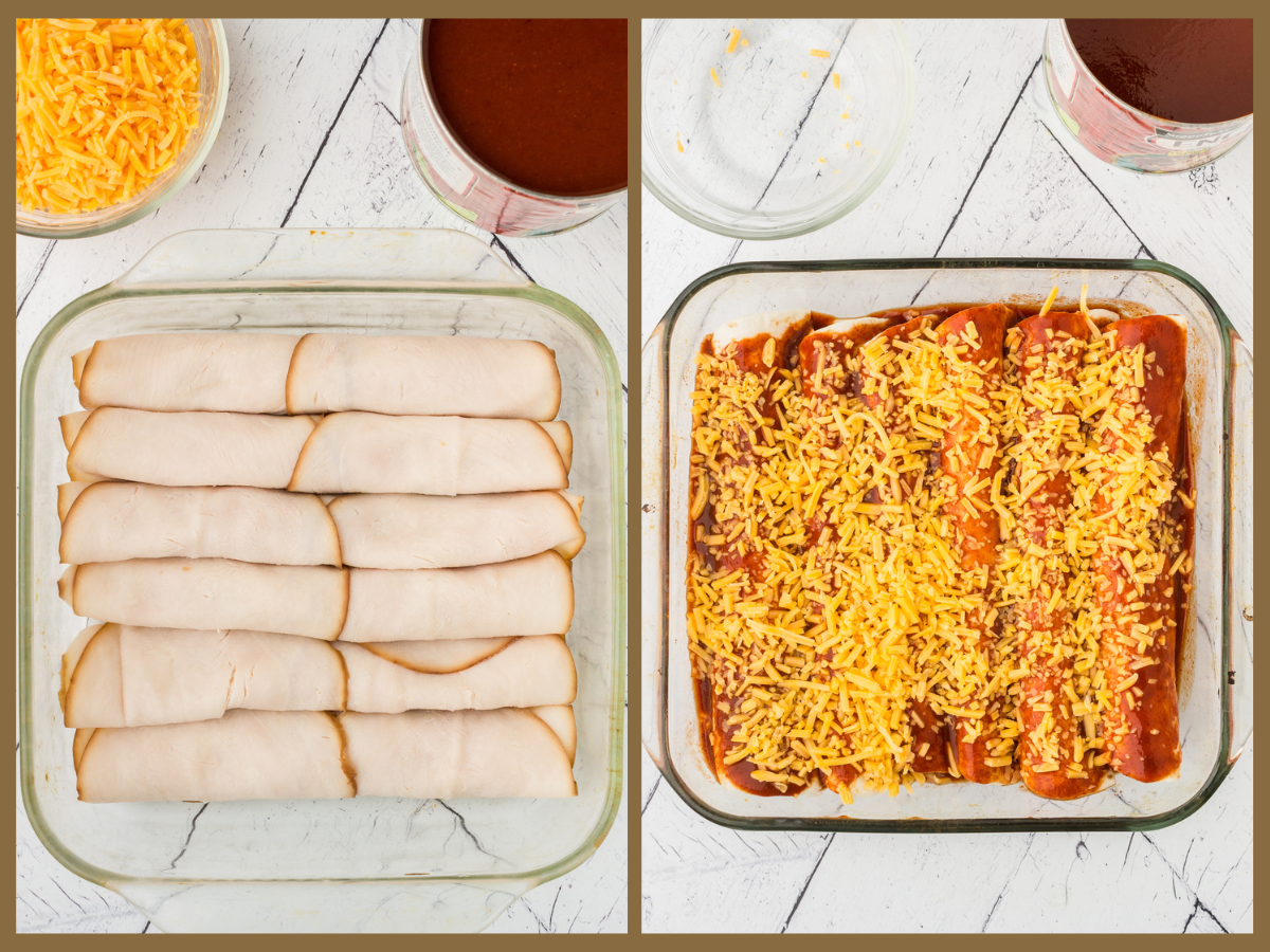 placing the rolled keto chicken enchiladas in the baking dish, topping with enchilada sauce and shredded cheese