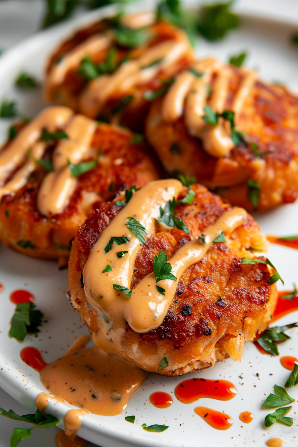 easy keto salmon cakes on a plate drizzle with spicy Bang Bang Sauce